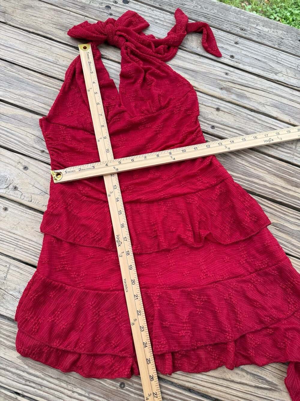 Red Halter Neck Asymmetrical Ruffle Mini Dress - Picture 7 of 9